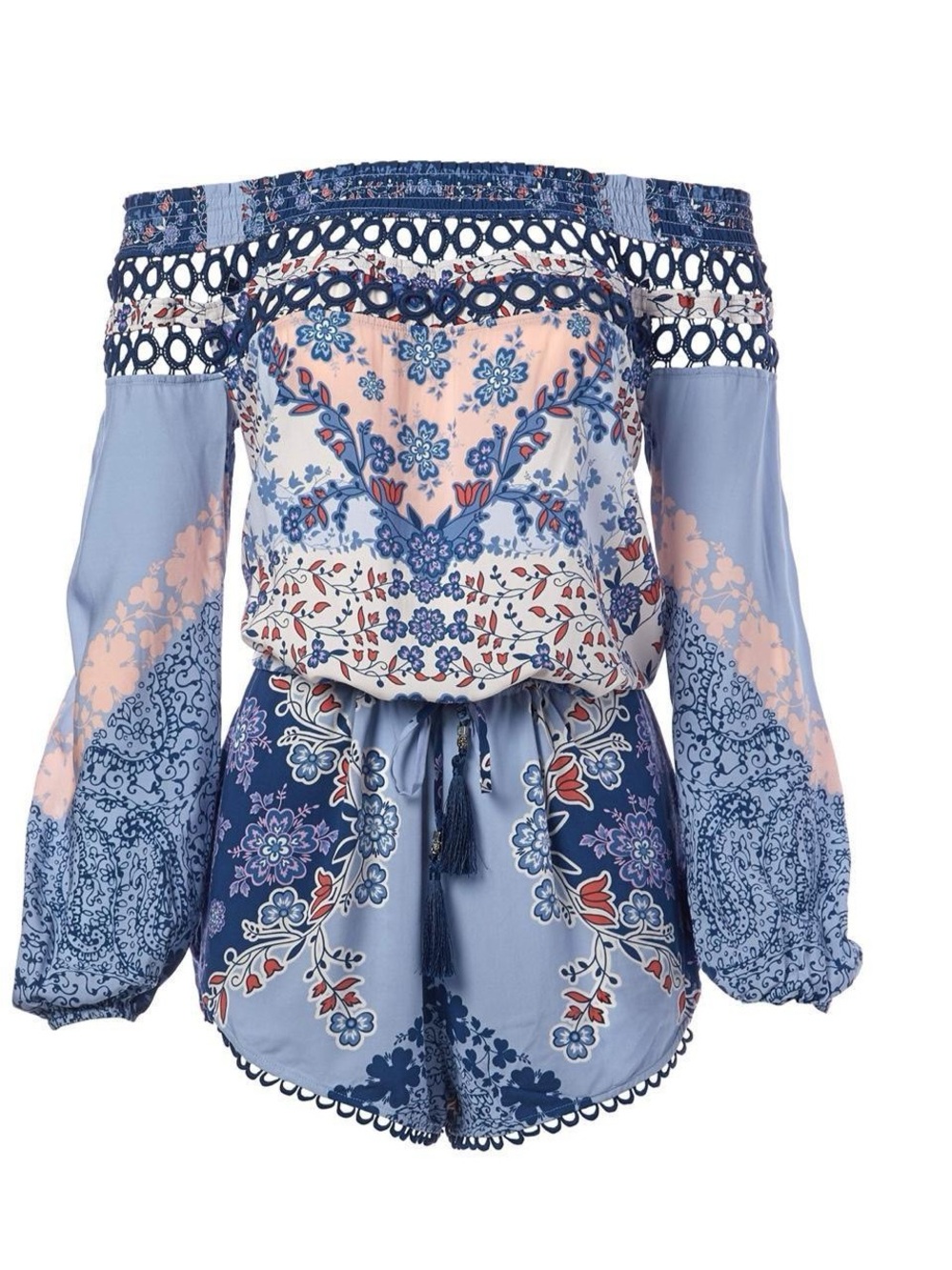 Green Dragon Light Blue Floral Off-Shoulder Romper NWT